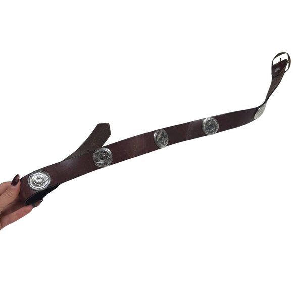 Vintage Southwestern Dark Brown Leather Belt w/ Sun Disc Concho Buckle – Unisex - Picture 4 of 11